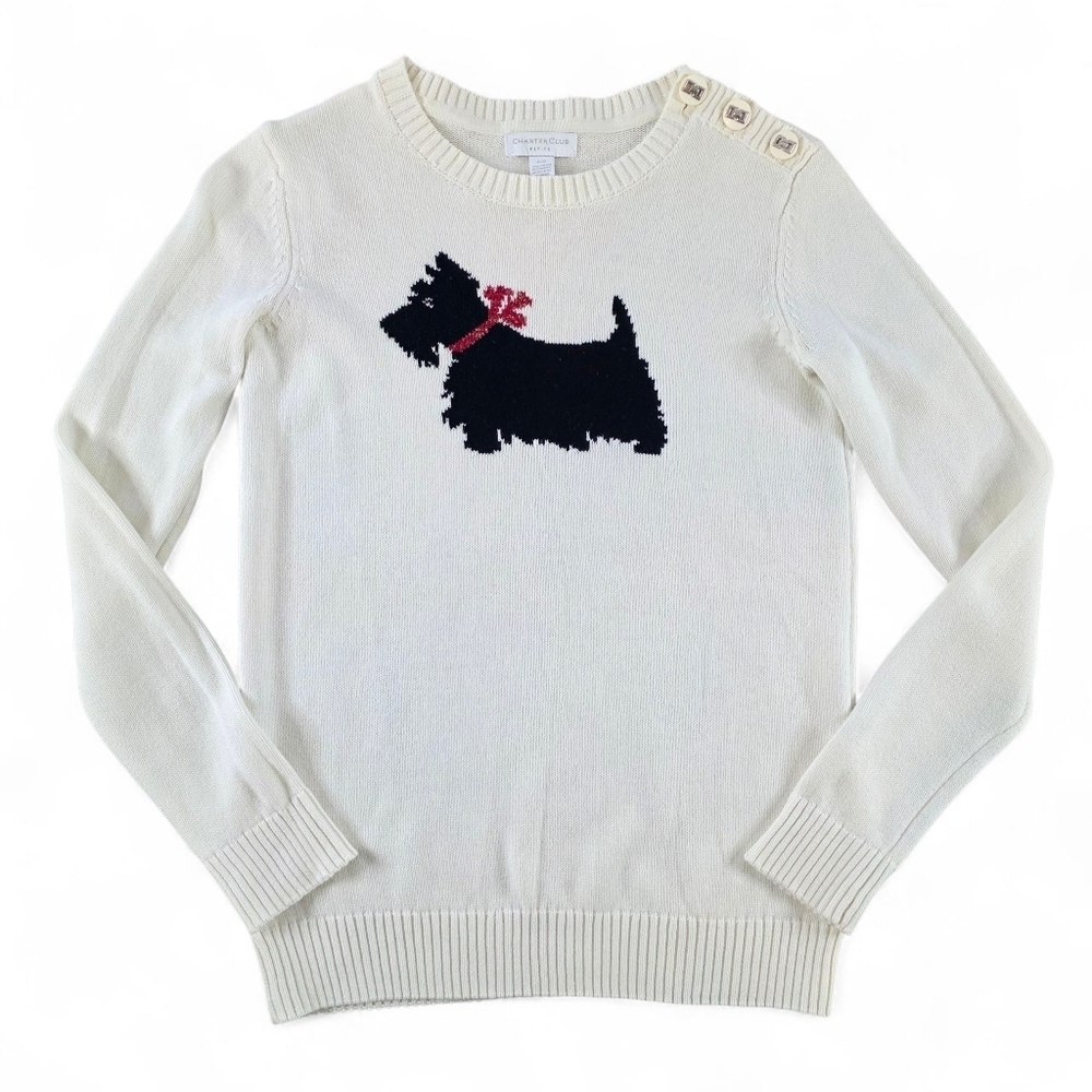 Charter Club Petite Ivory Sweater Scottie Dog Knit P/P Buttons Novelty Holiday